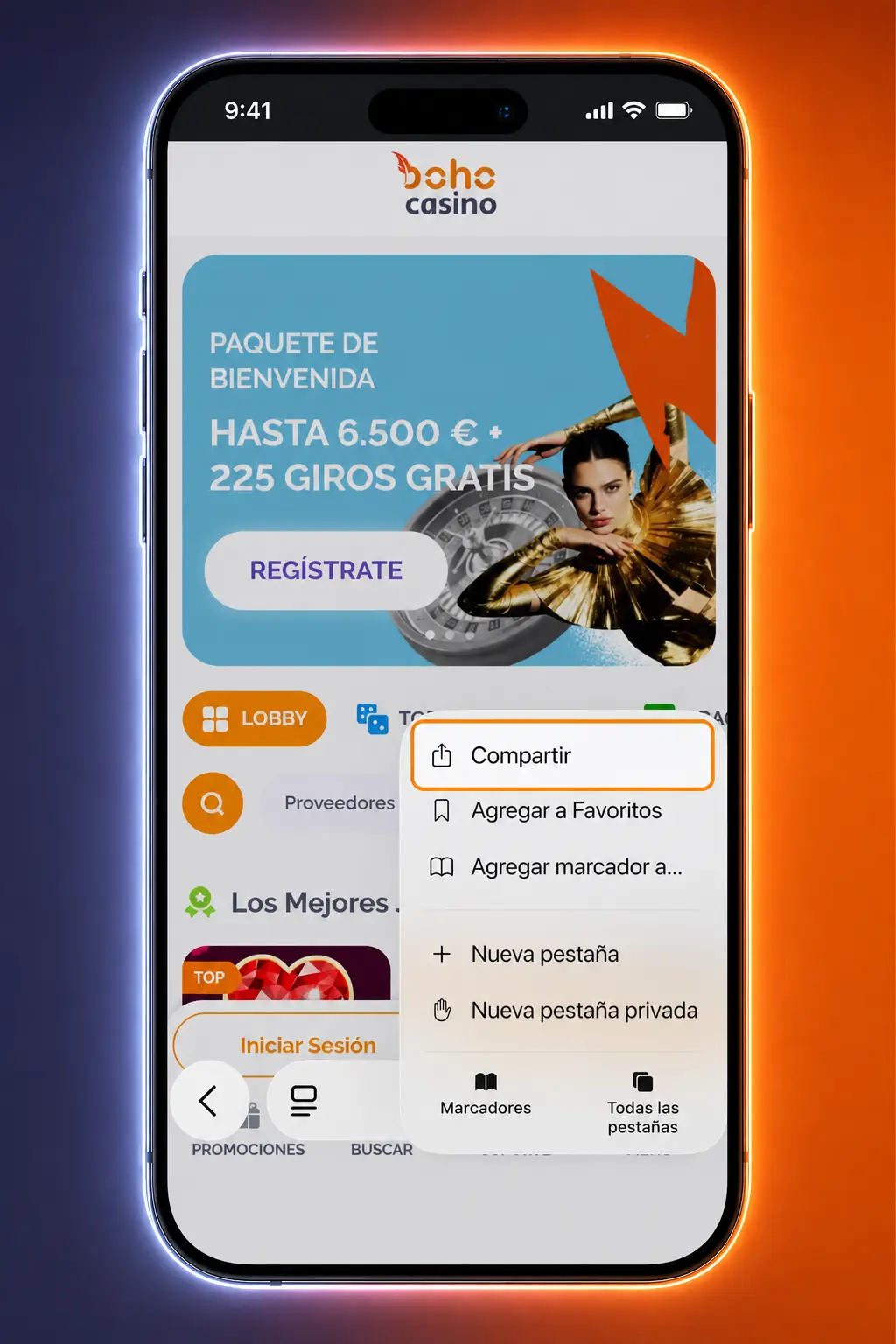 Pasos para instalar la app PWA de Boho Casino en iOS mediante Safari, sin necesidad de la App Store.