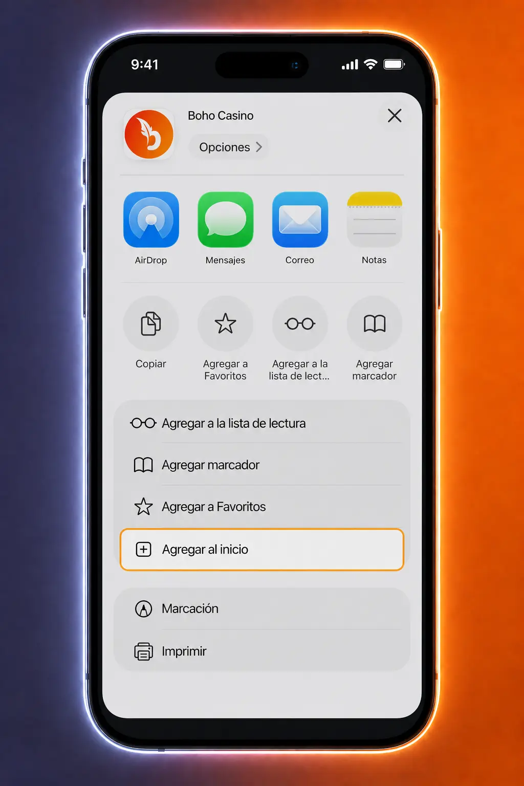 Pasos para instalar la app PWA de Boho Casino en iOS mediante Safari, sin usar App Store