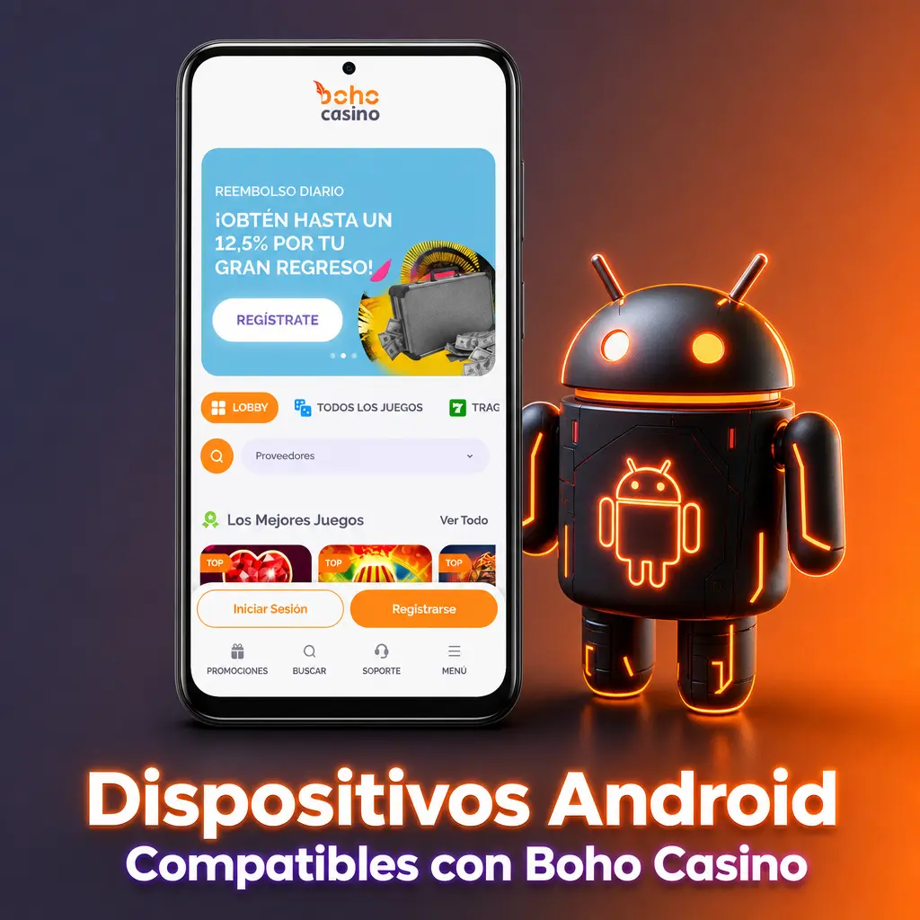 Dispositivos Android compatibles con la versión PWA de Boho Casino: Samsung, Xiaomi, Google Pixel, OnePlus, Motorola y Huawei