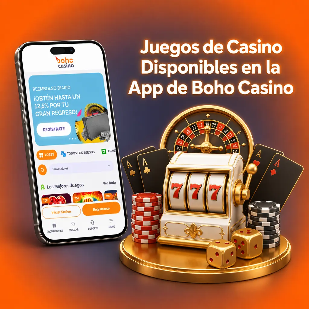 Catálogo de juegos de casino en la app de Boho Casino: tragaperras, mesas en vivo y crash de Pragmatic Play, Evolution y más.